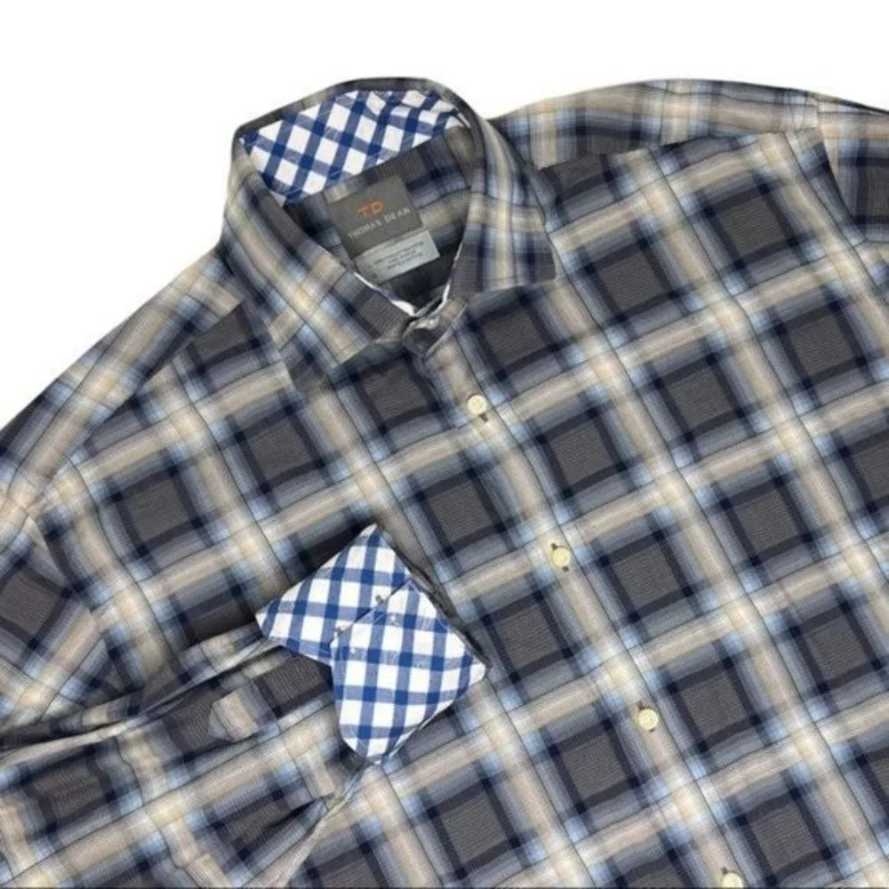 Thomas Dean Mens L Pima Cotton Plaid Button Down Shirt Grey Blue Gingham Trim